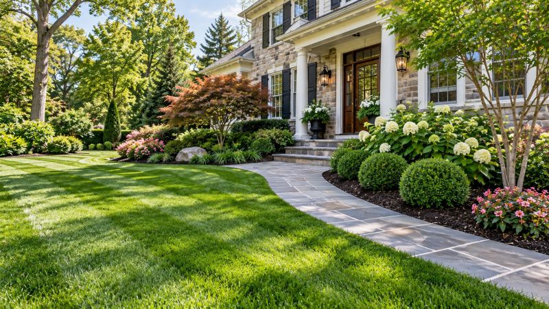 Completed landscaping maintenance services in Bryn Mawr, PA featuring a manicured lawn, trimmed shrubs, maintained planting beds, and a walkway.