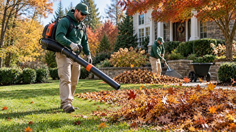 Professional landscaping maintenance services in Bryn Mawr, PA with a landscaping crew performing seasonal fall leaf cleanup and property maintenance. Completed landscaping maintenance services in Bryn Mawr, PA featuring a manicured lawn, trimmed shrubs, maintained planting beds, and a walkway.
